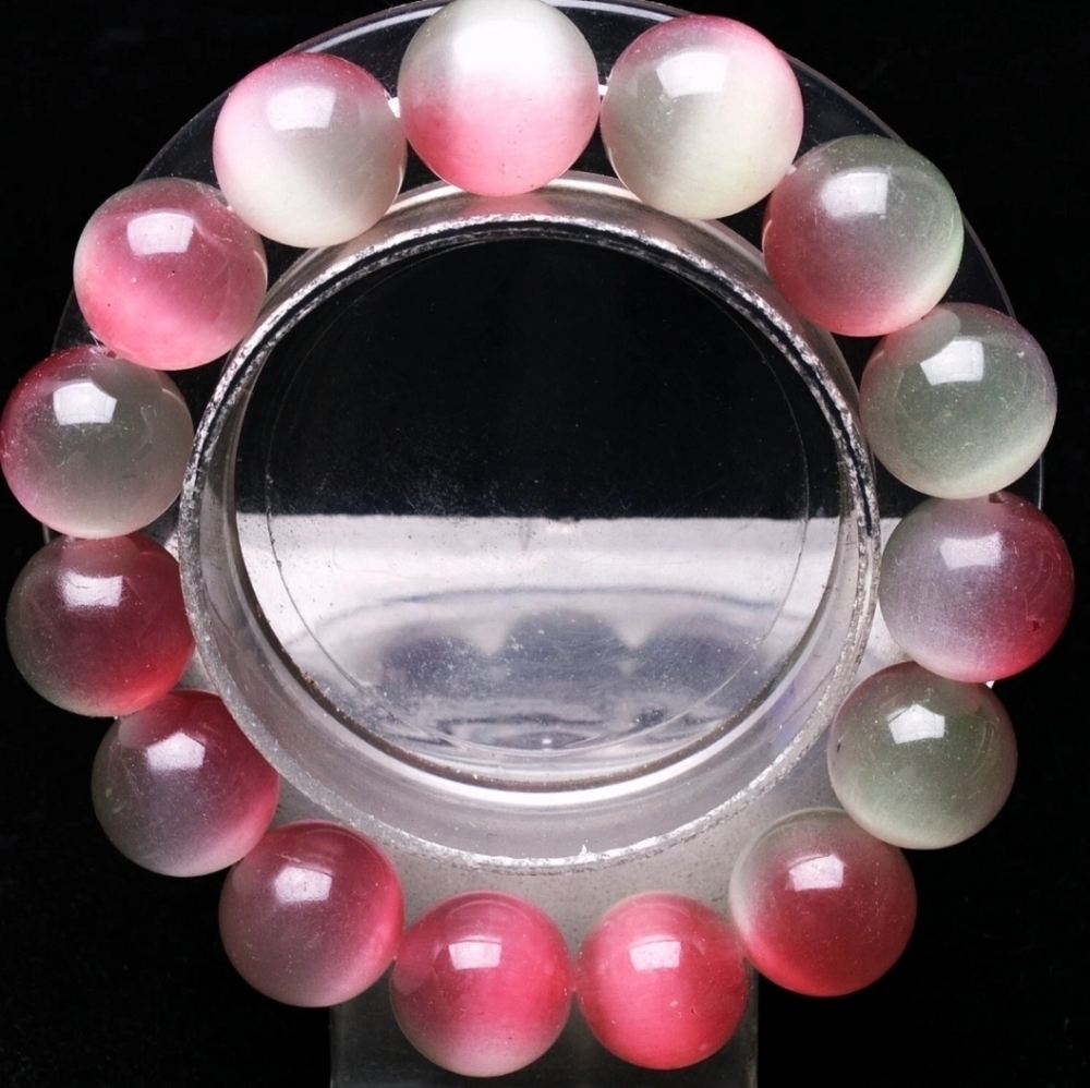 13.8mm Natural Watermelon Cat Eye Crystal Gemstone Round Beads Beaded  Bracelet